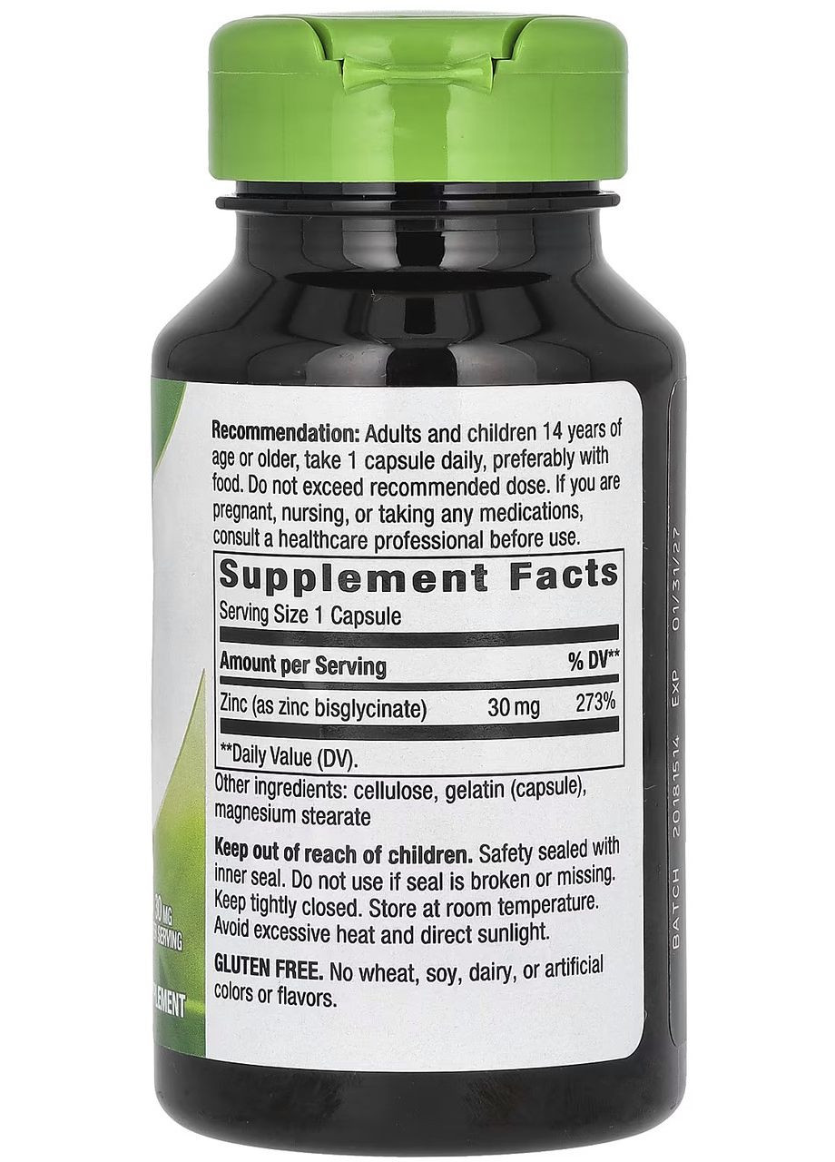Цинк хелатний (Chelated Zinc) 30мг. 100капсул, зміцнює імунітет людини, " ". Nature's Way (350314610)