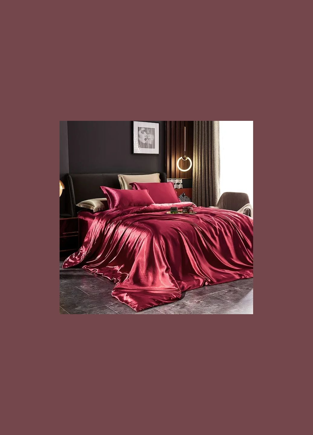 Атласне Бордове Двоспальна постільна білизна 175*210 см і Додаткові Бронзові наволочки 2 шт Moka Moka textile (308071615)
