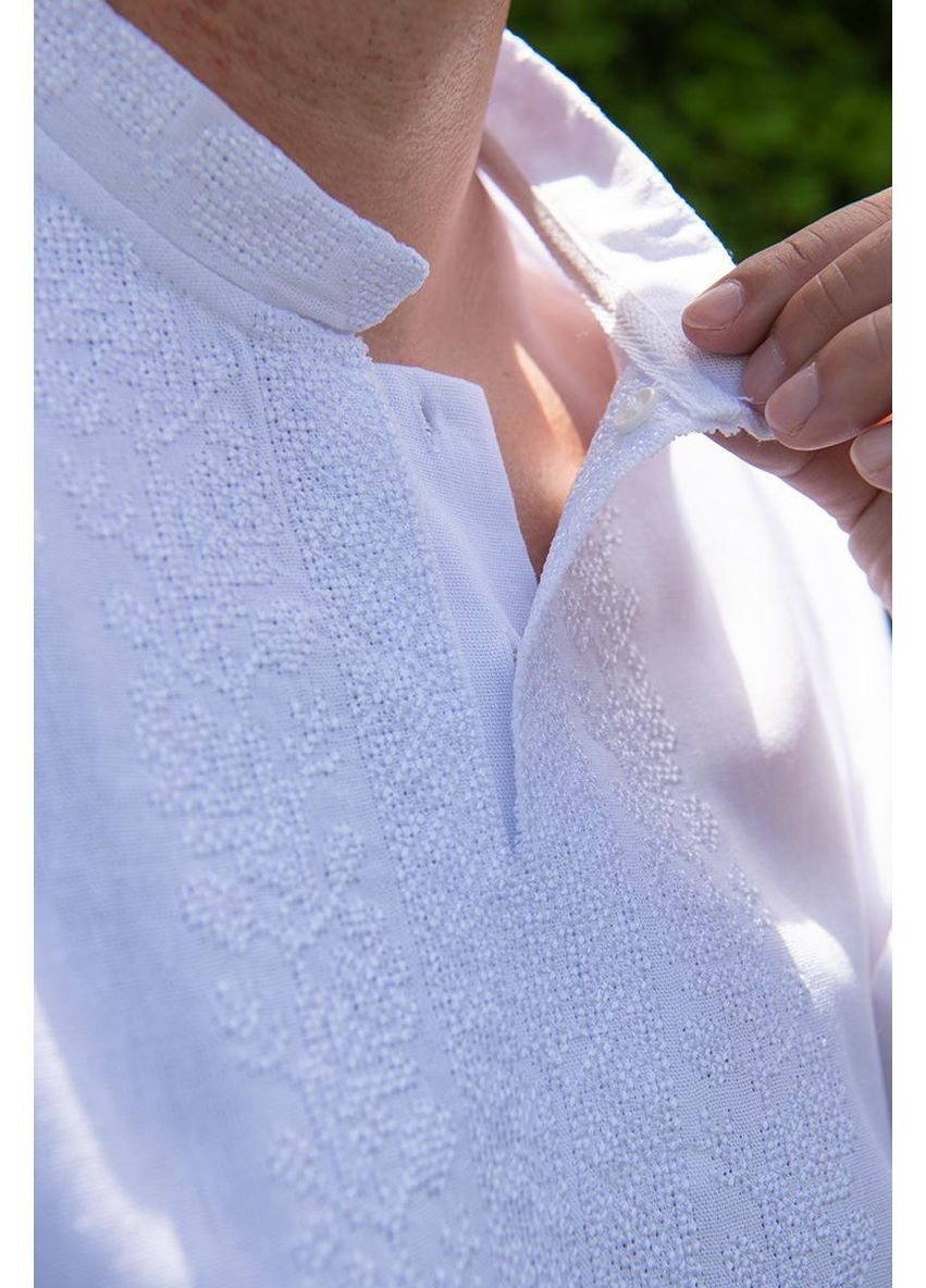 Белая мужская белая вышиванка с длинным рукавом и белой геометрической вышивкой для торжеств, 3xl лен (306445317)