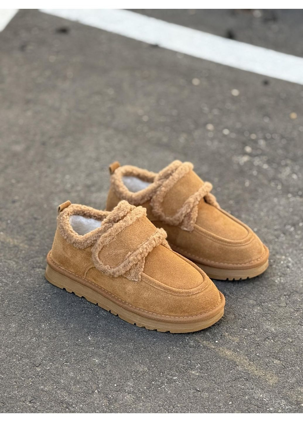 Зимние зимние женские ботинки на липучках натуральная замша теплые на меху комфортные мокасины рыжие No Brand