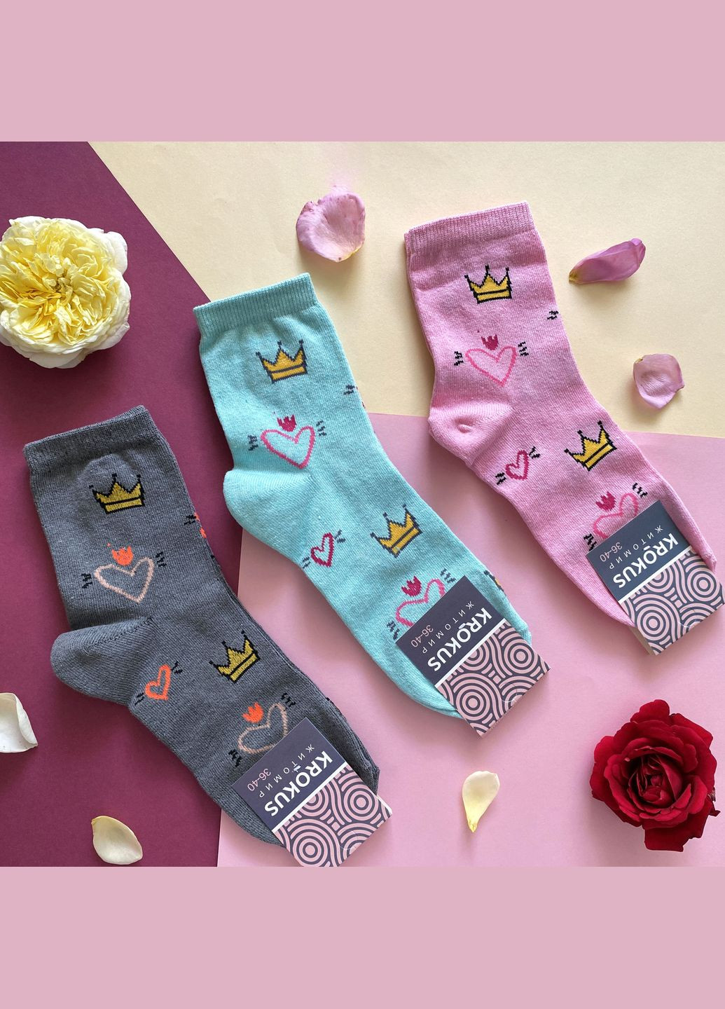 Комбіновані шкарпетки жіночі, високі. корони. комплект з 3х пар. колір: кольоровий мікс. Крокус малюнки (336948562)