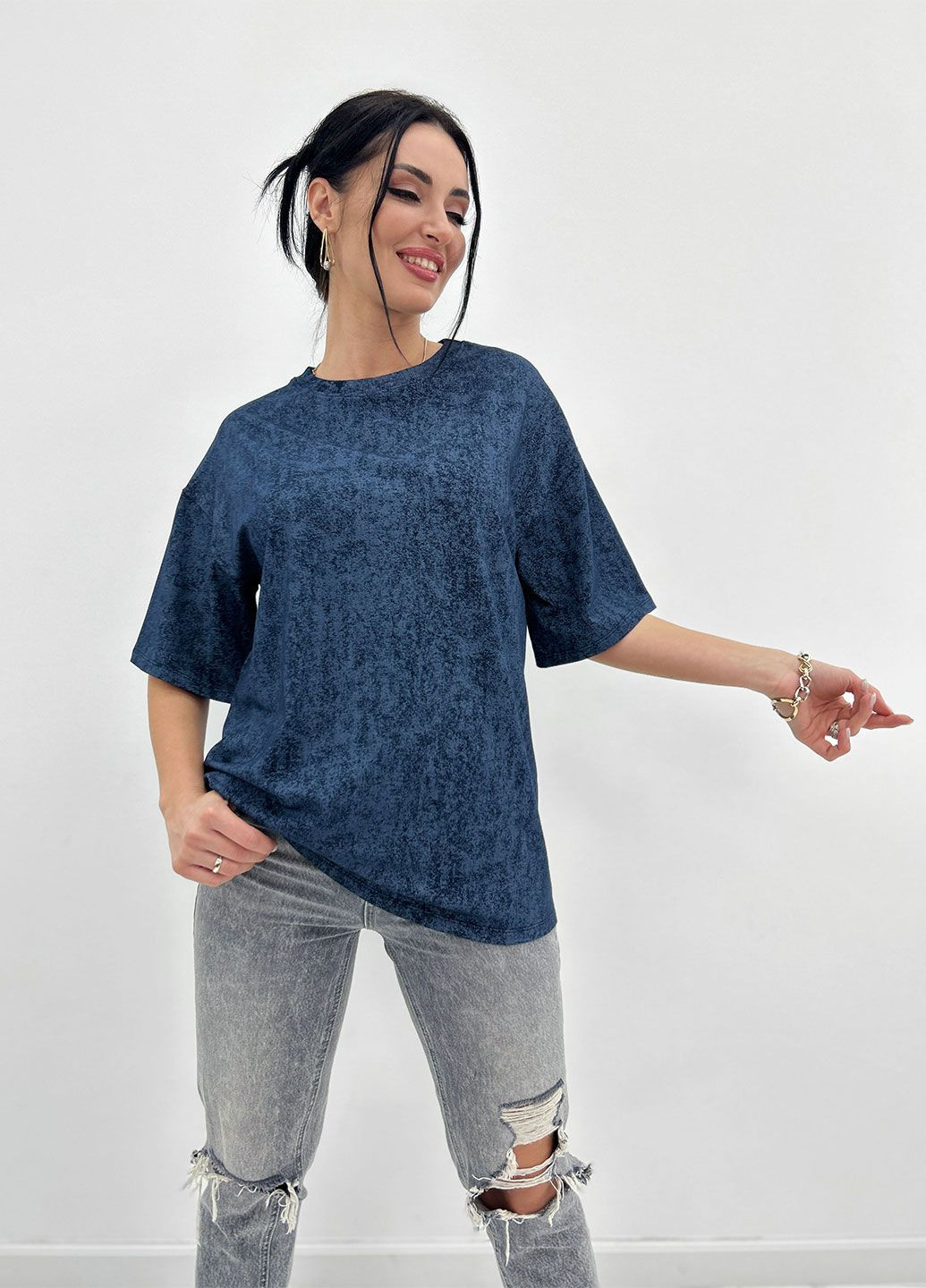 Темно-синя базова футболка тай-дай з коротким рукавом Fashion Girl Simple