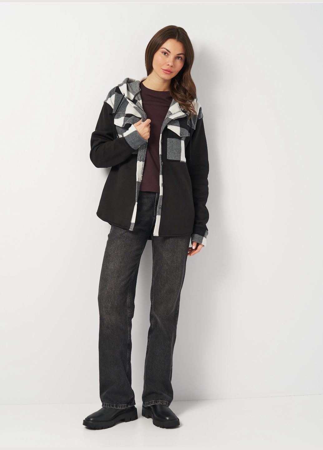 Черно-белая спортивная, повседневный, кэжуал рубашка в клетку Olis-Style с длинным рукавом