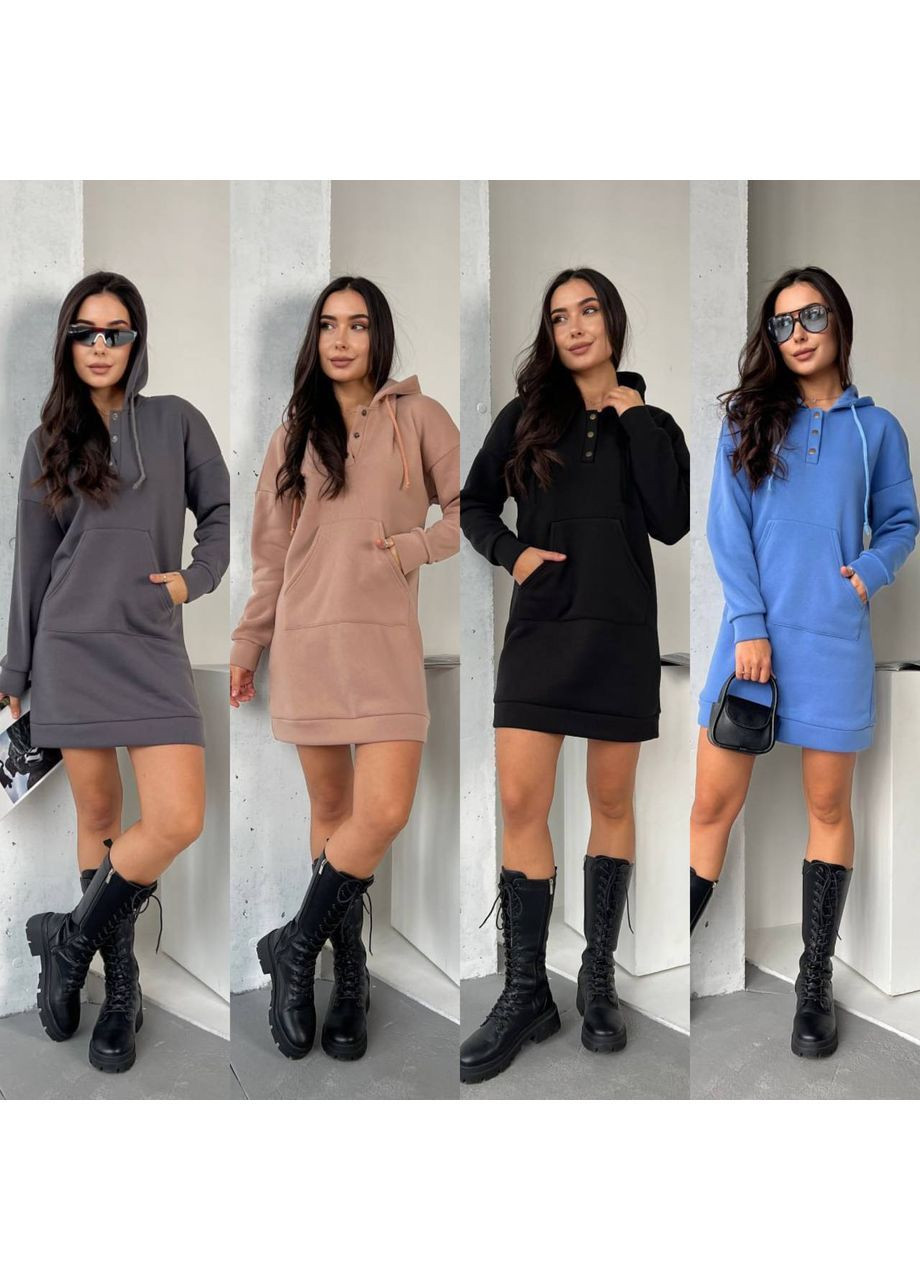 Светло-синее платье 2070 трехнить на флисе с капюшоном и карманом кенгуру Україна