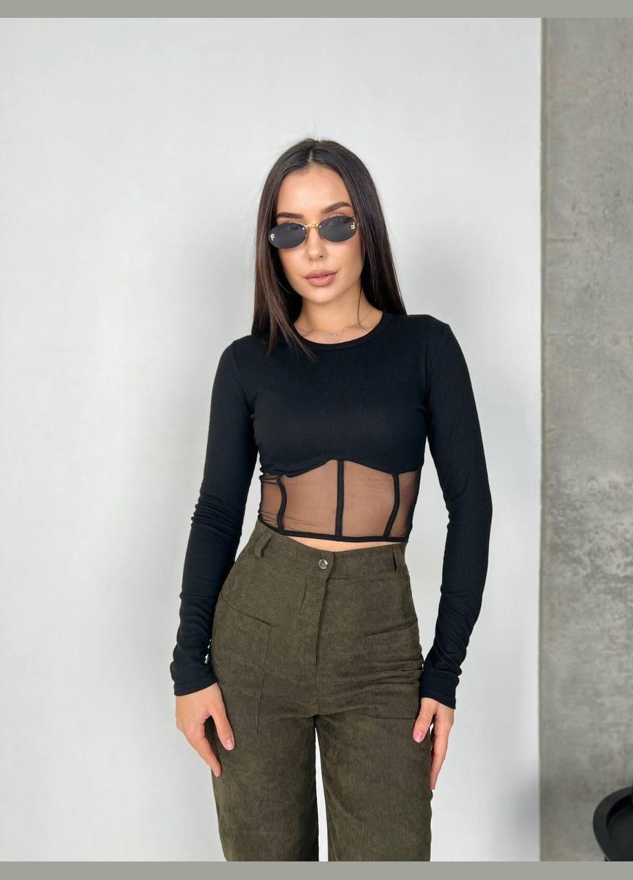 Лонгслів жіночій - кофточка у рубчик з імітацією корсета із сітки JUGO (301580420)