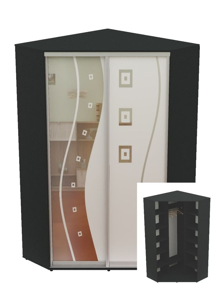 Шкаф-купе двухдверный угловой 140*140*240 Антрацит Зеркало с пескоструйным рисунком Угол-4 Алекса (360441464)