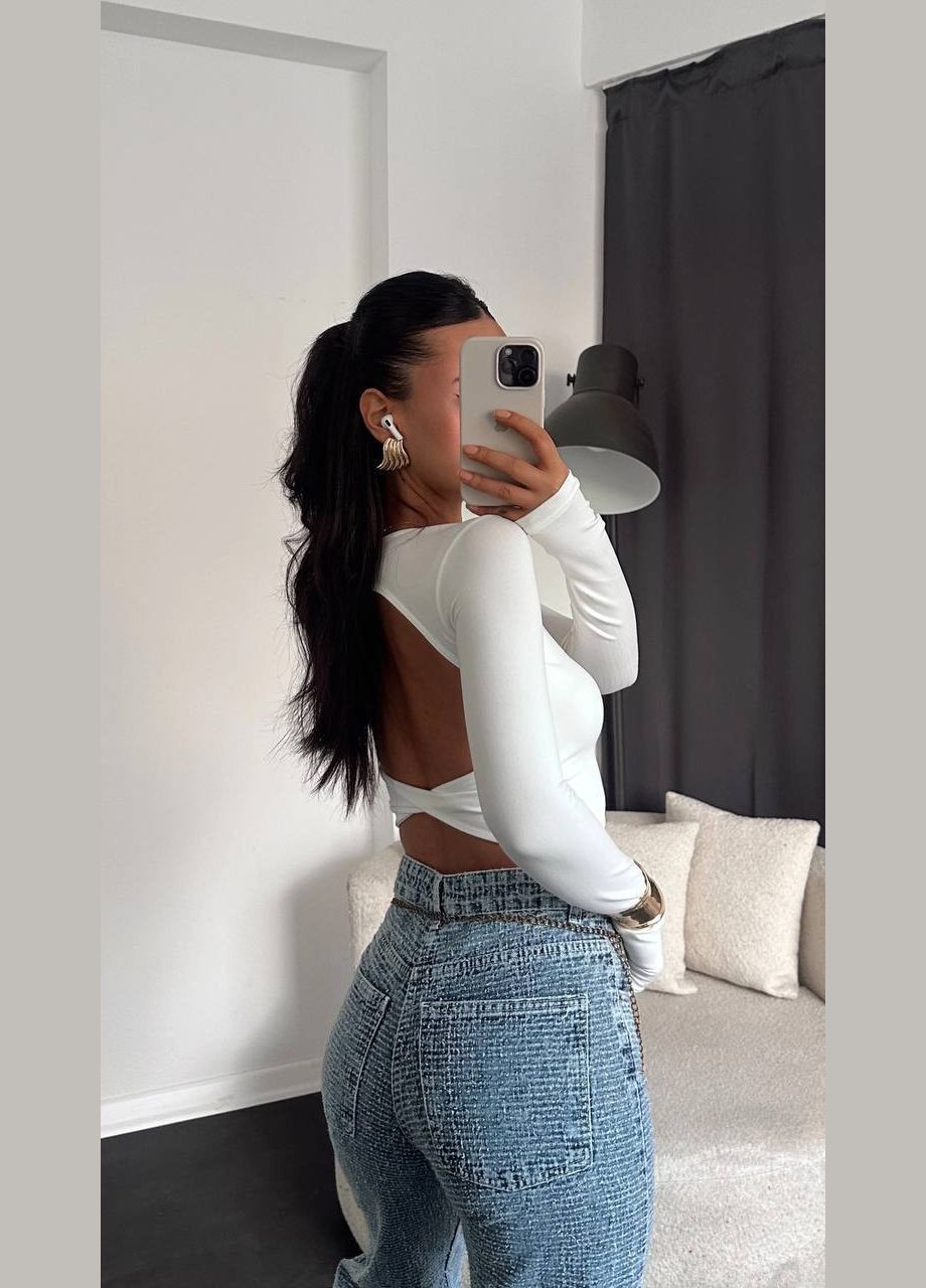 Белый однотонный лонгслив с открытой спиной, лёгкий и приятный к телу для стильных и комфортных образов No Brand (316302093)