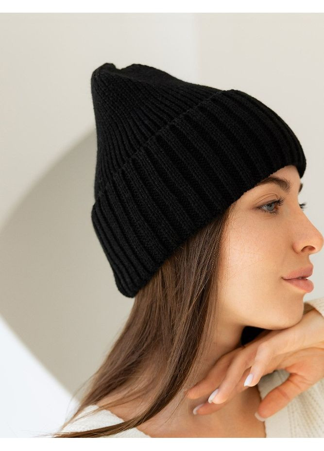 Жіноча в’язана шапка біні класік 20% вовна з відворотом Чорний No Brand (361309614)
