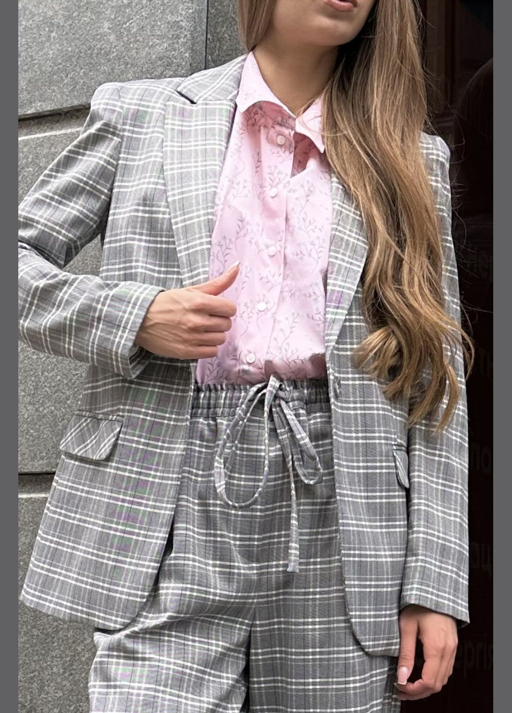 Серый женский удлиненный жакет в клетку (ll211325786) LadyLike - всесезон