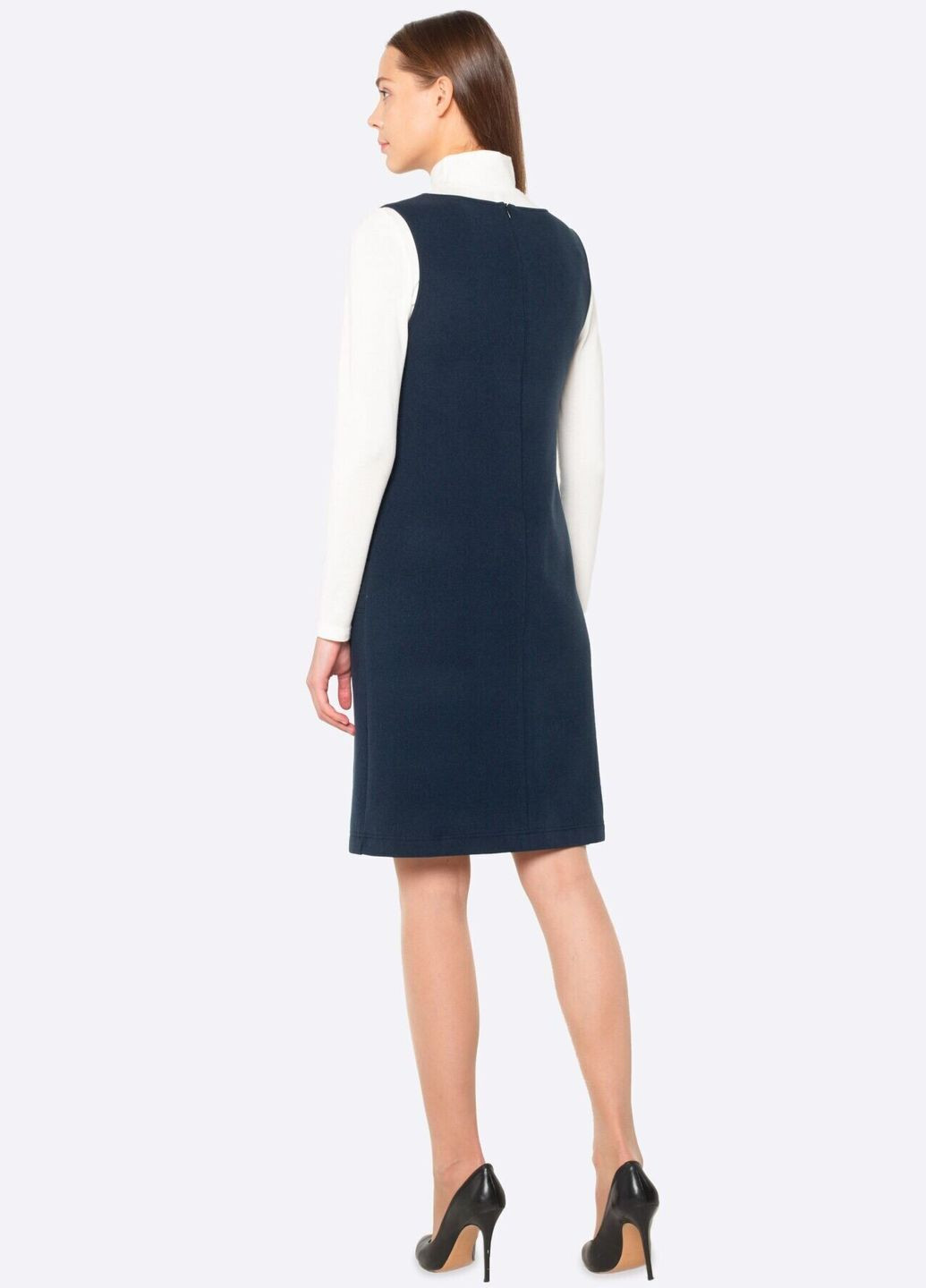 Комбинированное теплое платье-сарафан из шерстяной ткани 5756 темно-синее Cat Orange