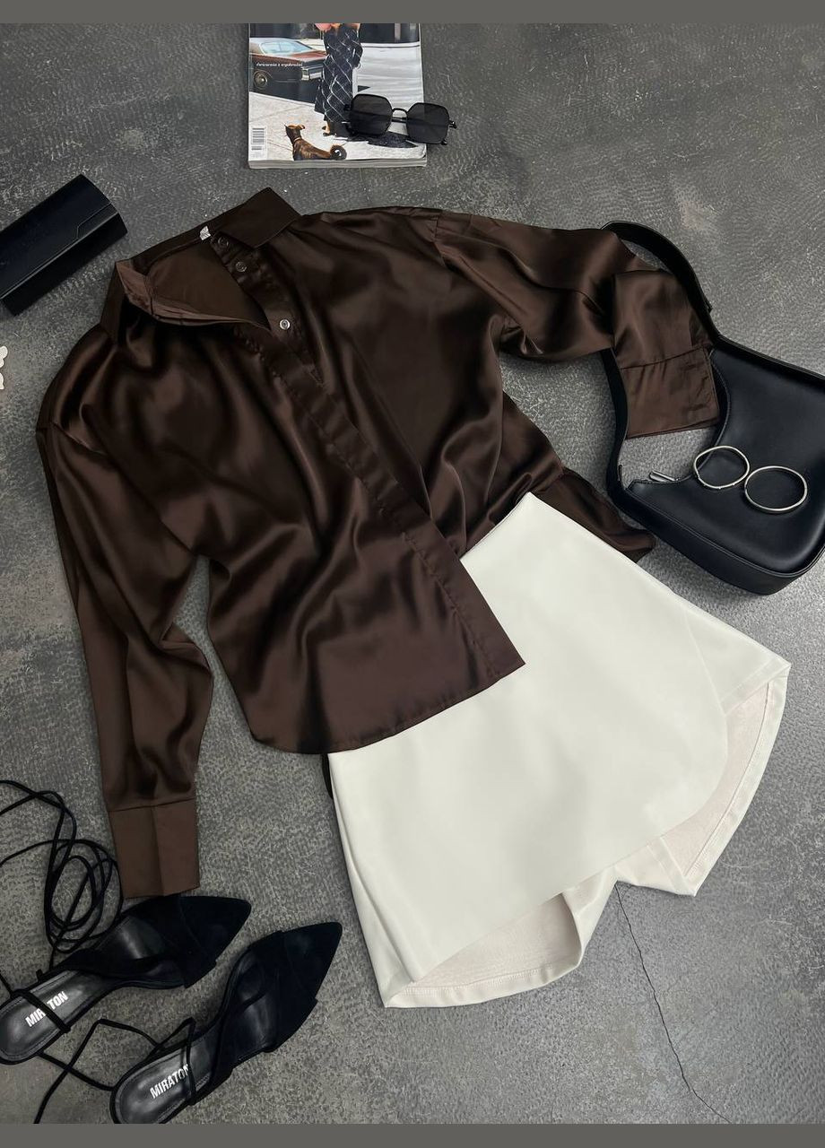 Коричневая коктейльный, классическая, повседневный, кэжуал, вечерний рубашка No Brand с длинным рукавом