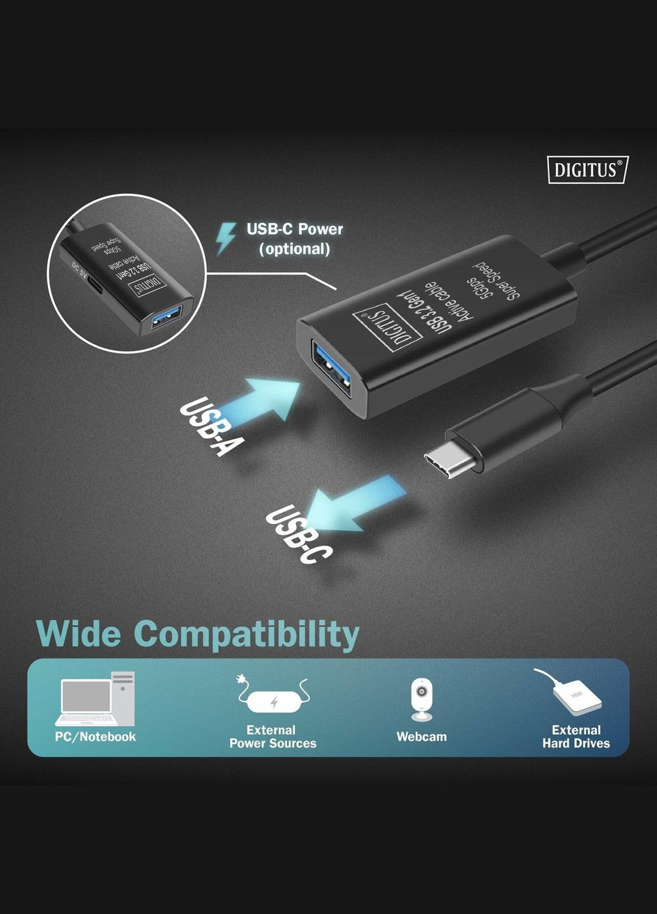 Подовжувач USB 3.2 Gen1 Active Cable 5G, C/M-A/F, 5м, чорний Digitus (323205179)