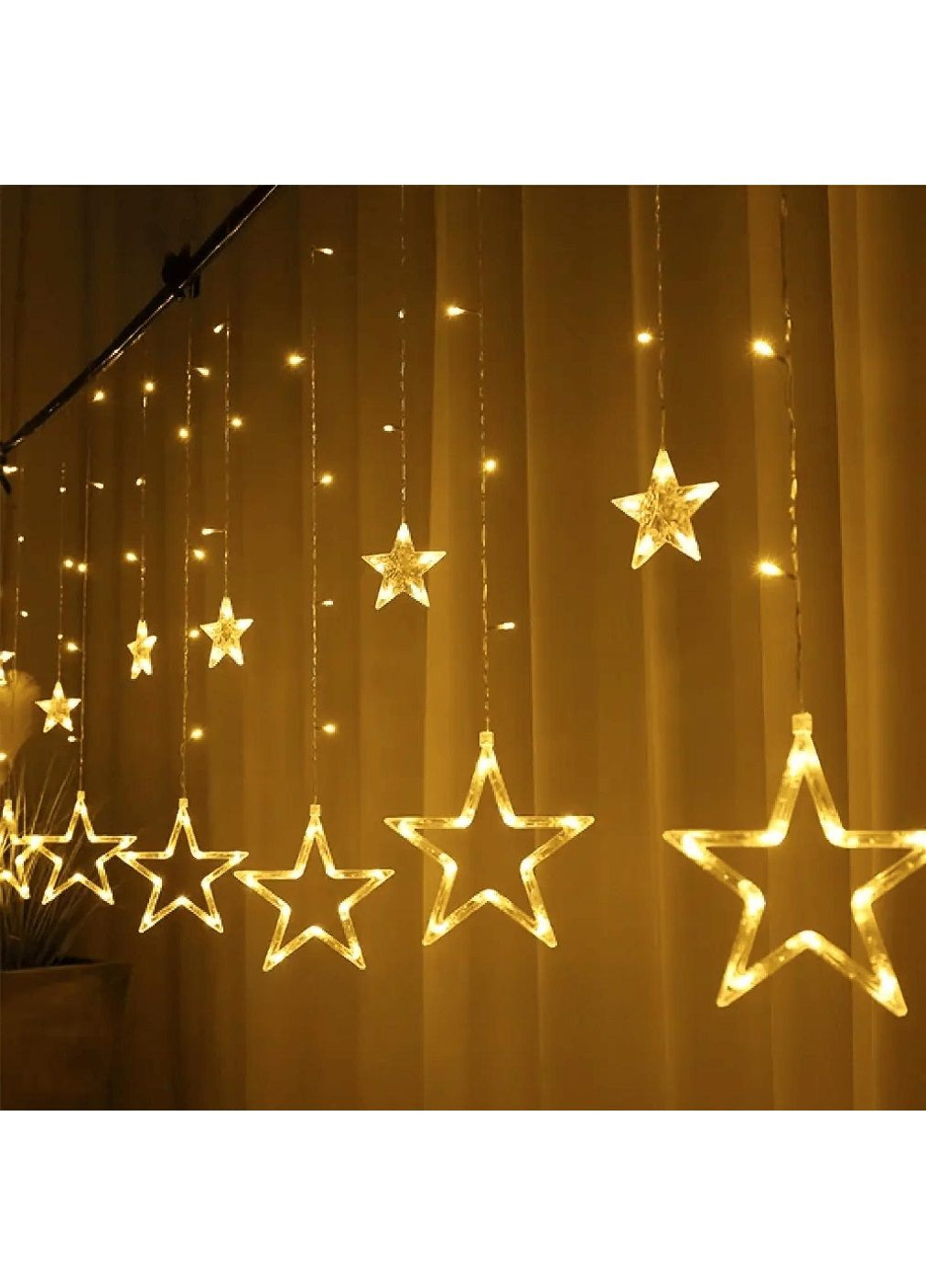 Світлодіодна кімнатна гірлянда штора на вікно з роботою від мережі фігурками зірочок 3х0.50 м 138 LED (478635-Prob) Тепла біла Unbranded (307867795)