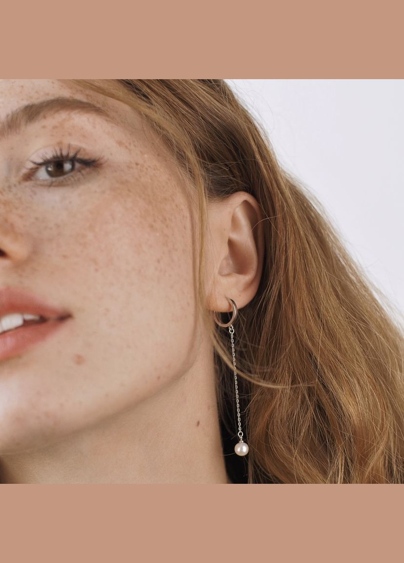 Сережки - кільця Перлина на ланцюжку у білому золоті с08357 Oniks (264644435)