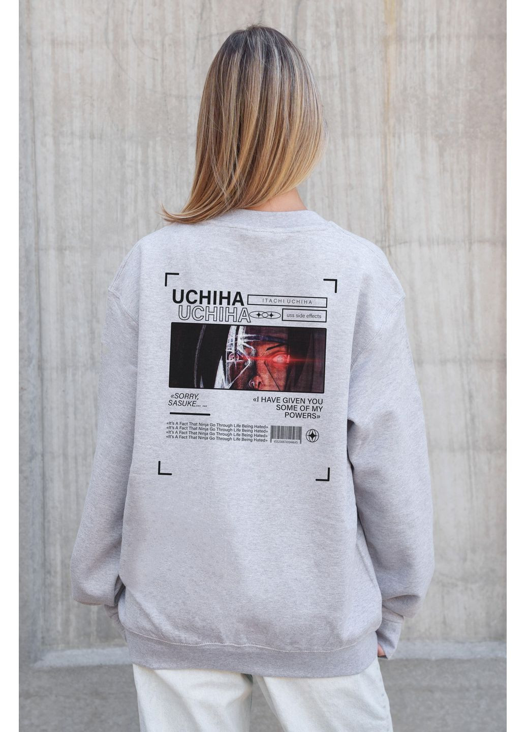 Серый женский утепленный оверсайз свитшот на флисе с принтом uchiha Without однотонный без декора (366740697)