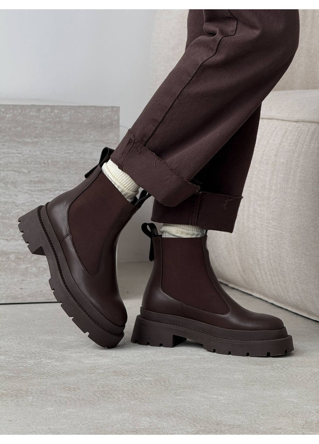 женские зимние челси nikart, шоколадные, из натуральной кожи и меха, теплые и стильные No Brand