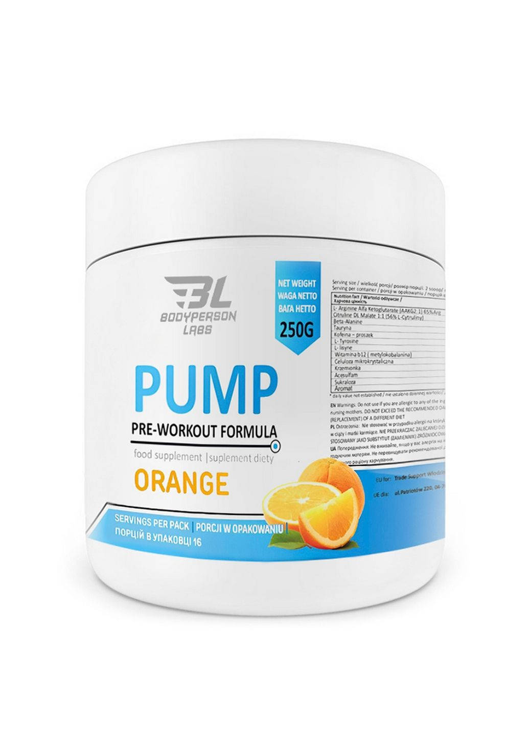 Предтренувальний комплекс Labs Pump Pre-Workout Formula, 250 грам Апельсин Bodyperson Labs (293419119)