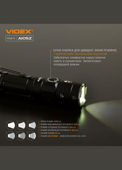 Портативный светодиодный фонарик VLFA105Z 1200Lm 5000K (VLF-A105Z) Videx (305754252)
