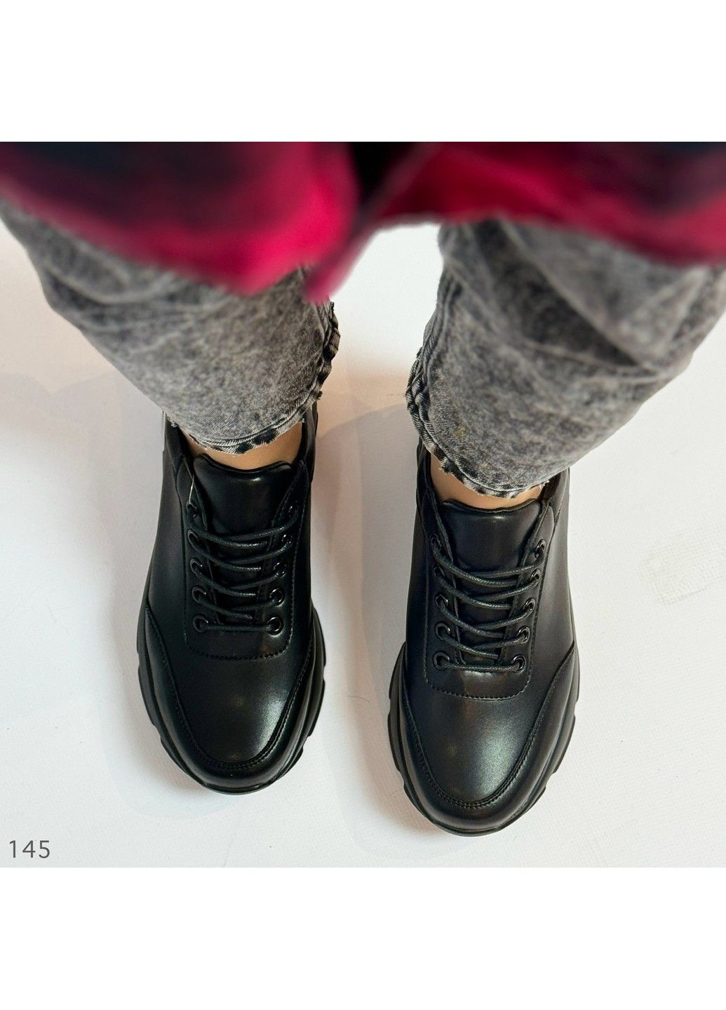 Черные демисезонные 145 кросовки кожаные черные Hengji
