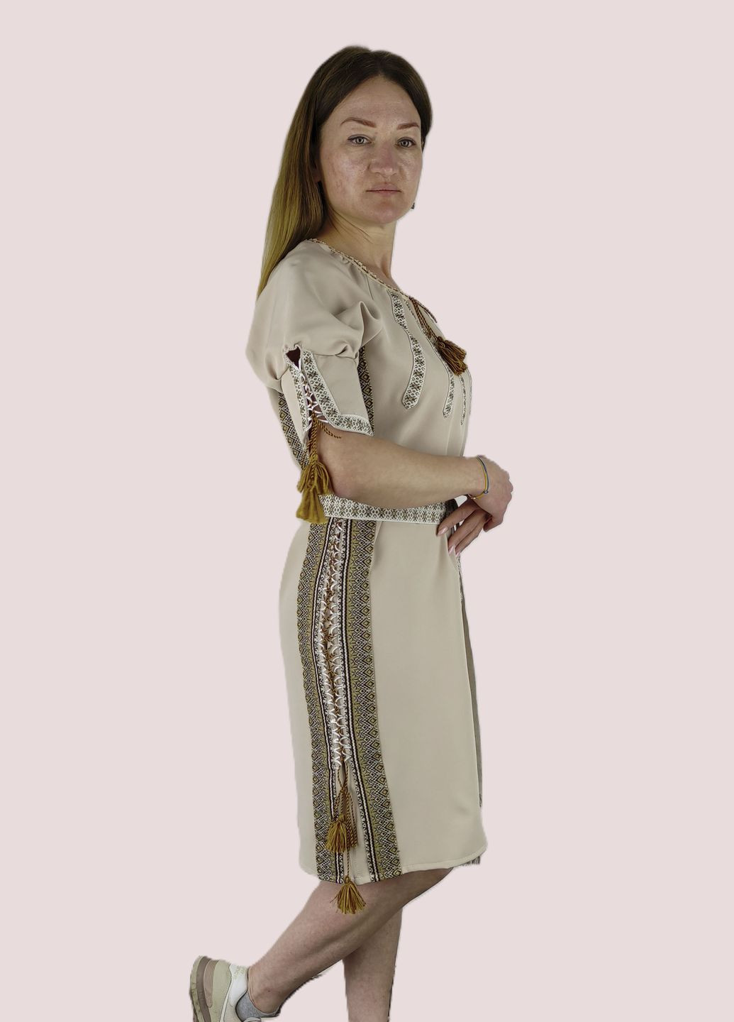 Бежевая женское вышитое платье национальное НоКо узор орнамент габардин (306741145)