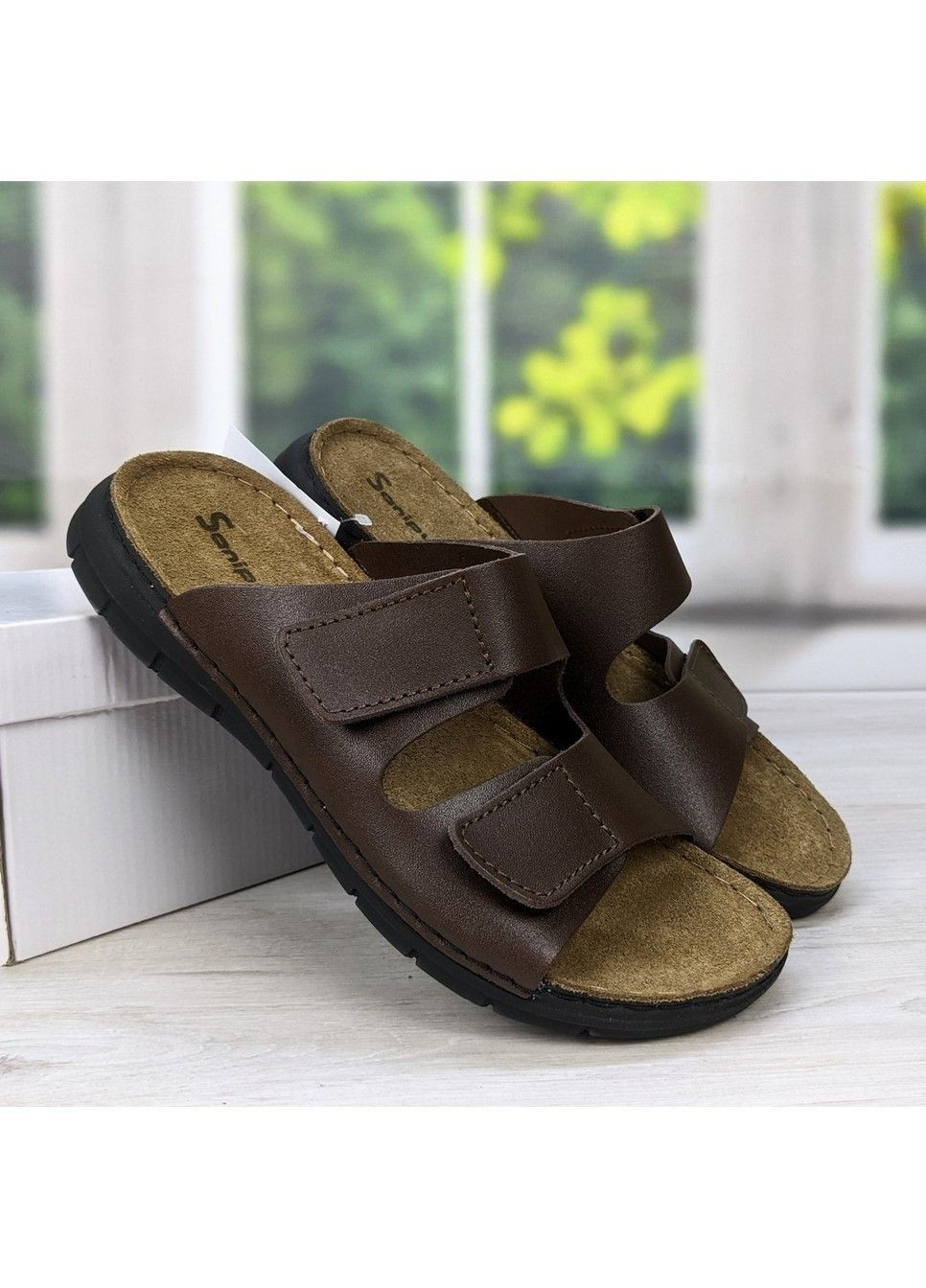 Коричневые повседневные шлепанцы мужские на липучках коричневые Sanipur