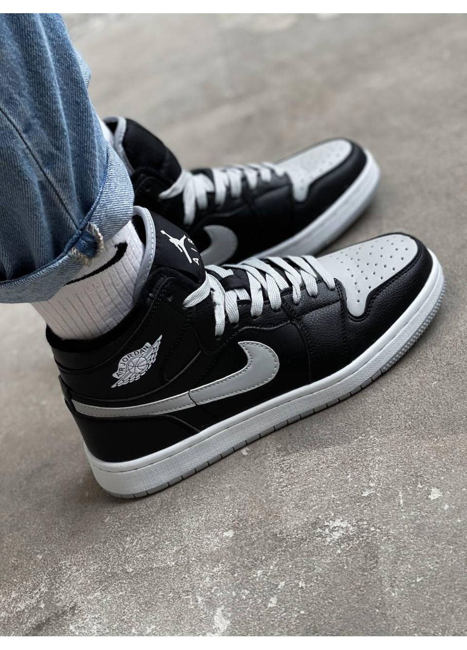 Серые зимние кроссовки мужские nike air jordan retro 1 high black grey swoosh найк аир джордан No Brand