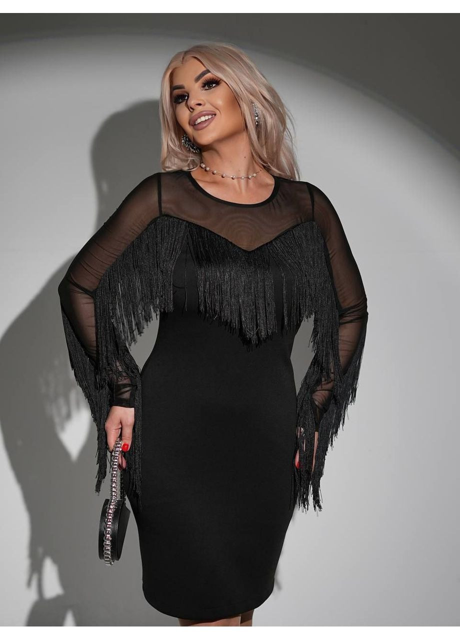 Чорна сукня жіноча святкова з бахромою на рукавах No Brand