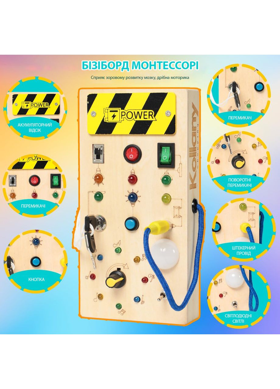 Бізіборд Монтессорі розвивальна іграшка інженер панель із перемикачами зі світловими ефектами No sound No Brand (365721151)