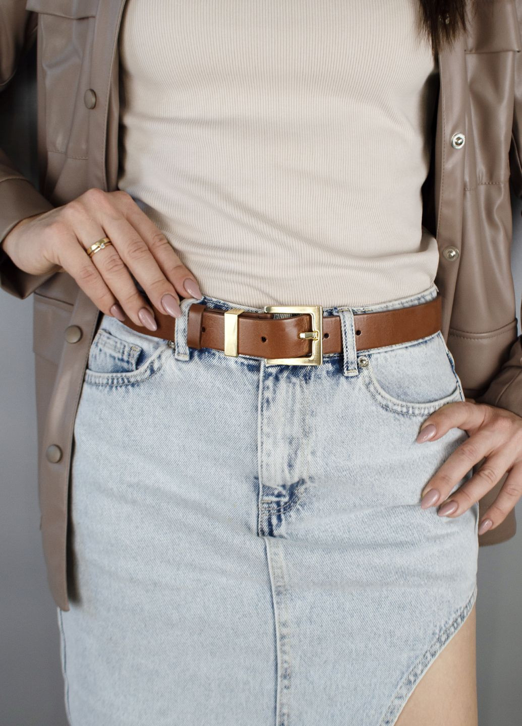 Ремінь жіночий шкіряний -3023 (115 см) коричневий з золотою пряжкою JK (292735633)