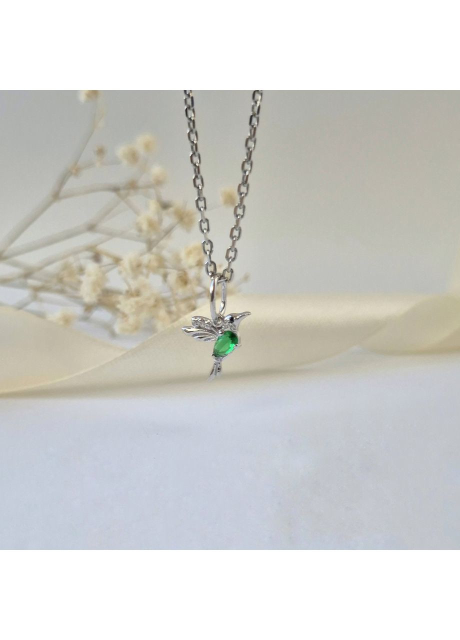 Срібна підвіска Пташка Колібрі із Зеленим каменем срібло 925 проби Родоване 0447р 0.50г No Brand (356675740)