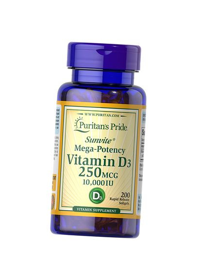 Витамин Д3, Холекальциферол, Vitamin D3 10000, Puritan's Pride 200гелкапс (36367132) Puritans Pride (322727664)