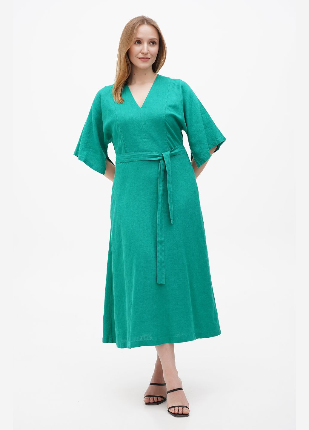 Зелена лляна довга сукня бохо з трикутним вирізом та рукавом кімоно під пояс ронда., р., код 0311/52/1788 ГАЛЕРЕЯ ЛЬОНУ