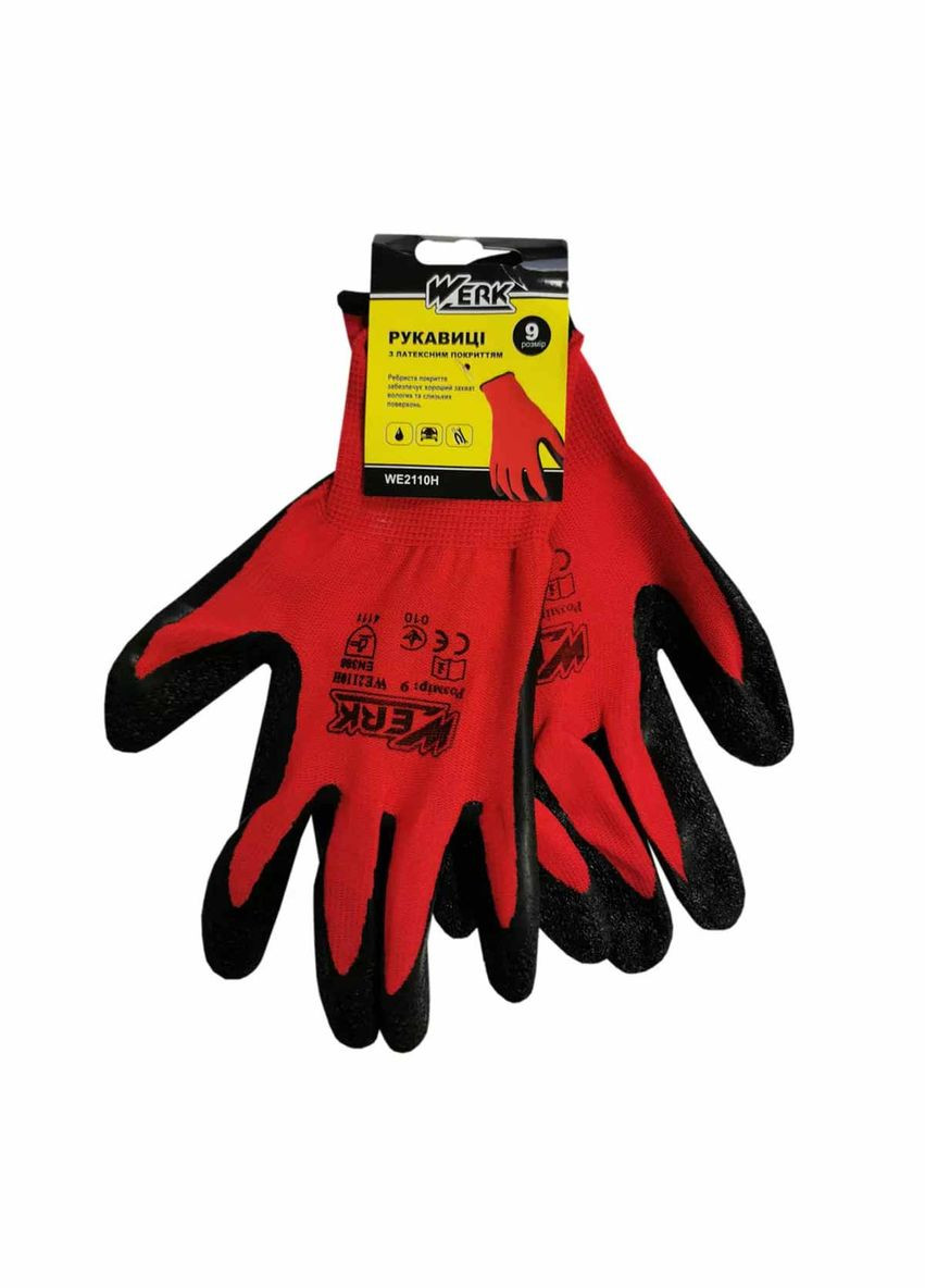 Рукавички ПЕ червоні, з чорним латексним покриттям р.10 з підв. (WE2110H) Werk (324798585)