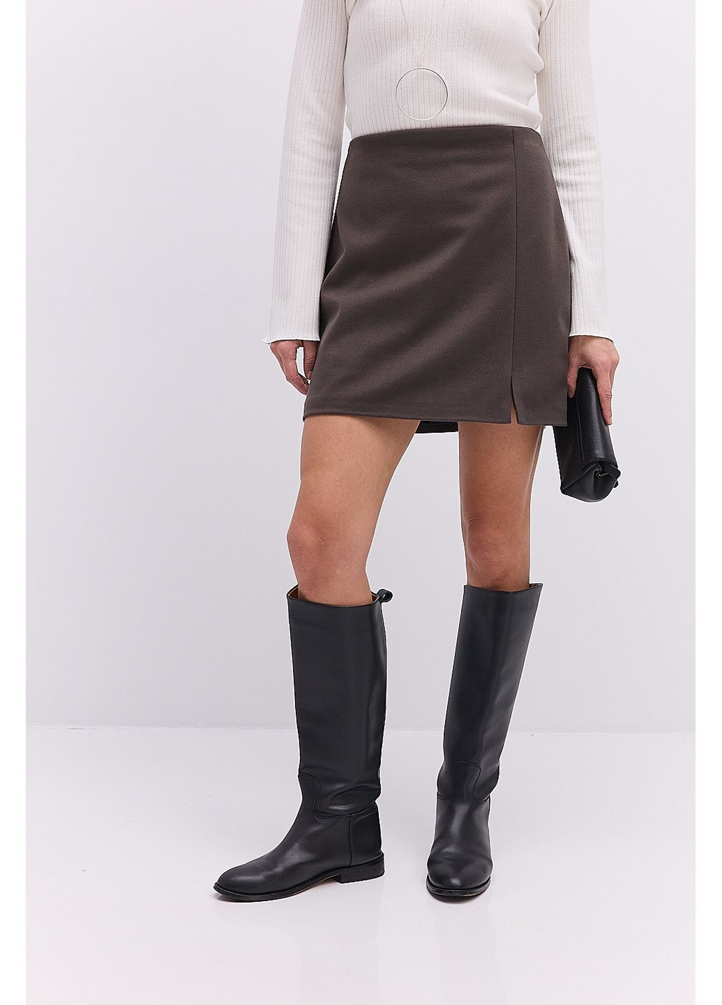 Темно-коричневая короткая кашемировая юбка с разрезом на ноге Arjen