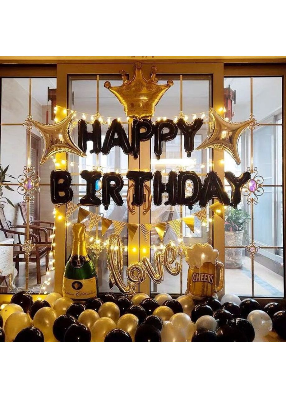 Набор 45 шаров для фотозоны Ночь воспоминаний с надписью гирляндой и флажками Черный и золото No Brand (364195477)