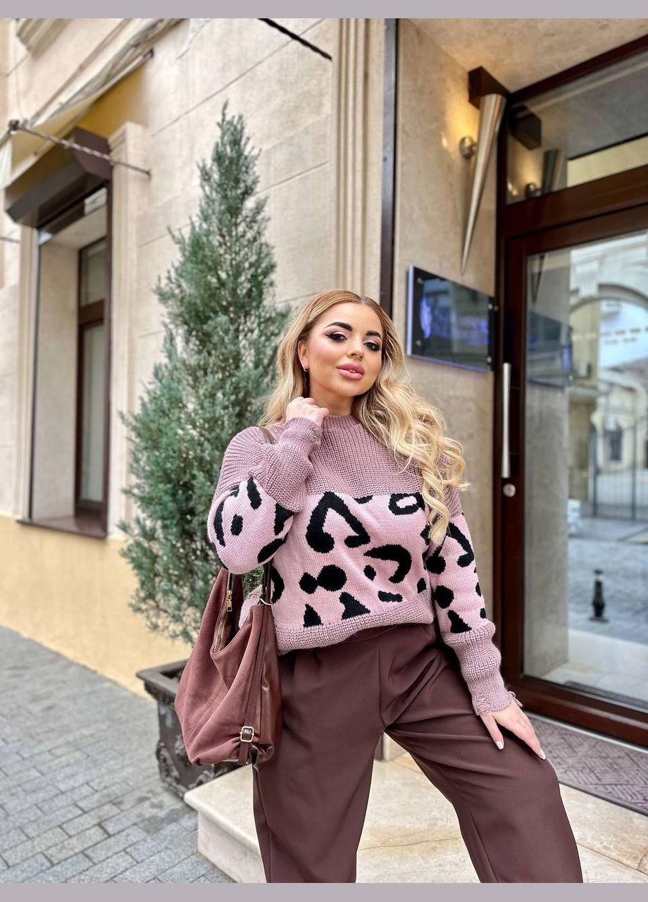 Пудровый теплый вязаный шерстяной свитер с лео вставкой рванка удлиненный пудра You Best