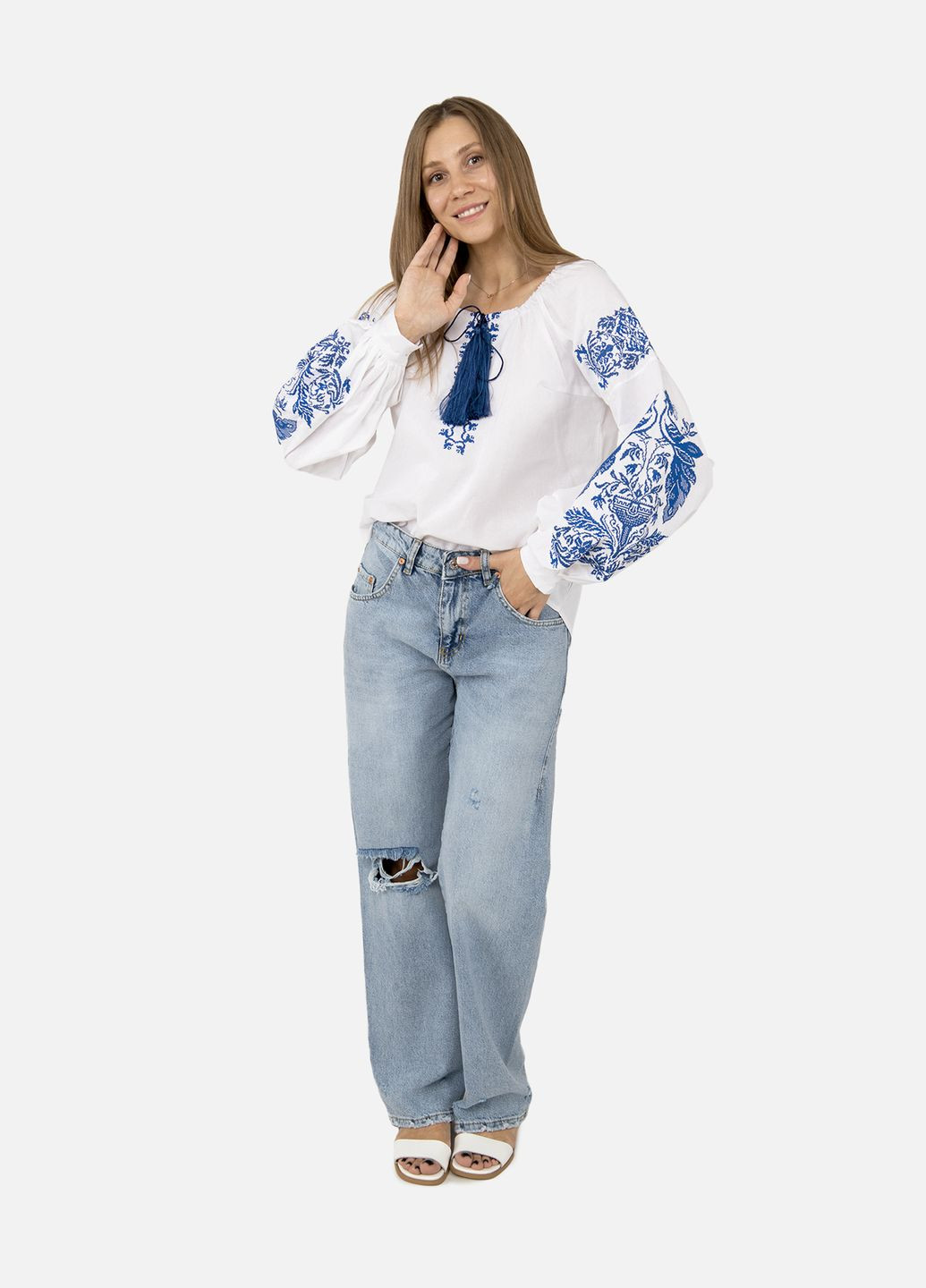 Белая женская вышиванка с длинным рукавом цвет белый цб-00254976 MEREZHKA лен (307071686)