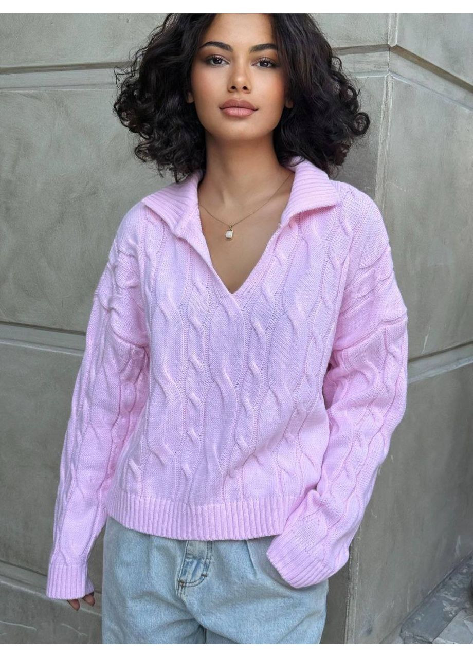 Розовый демисезонный женский свитер с воротником поло Україна