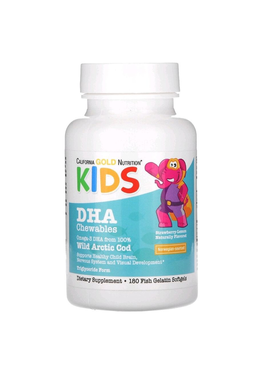 , дитячі жувальні таблетки з ДГК, 100 % дика арктична тріска,полунично-лимонний смак, 180 капсул California Gold Nutrition (315409010)