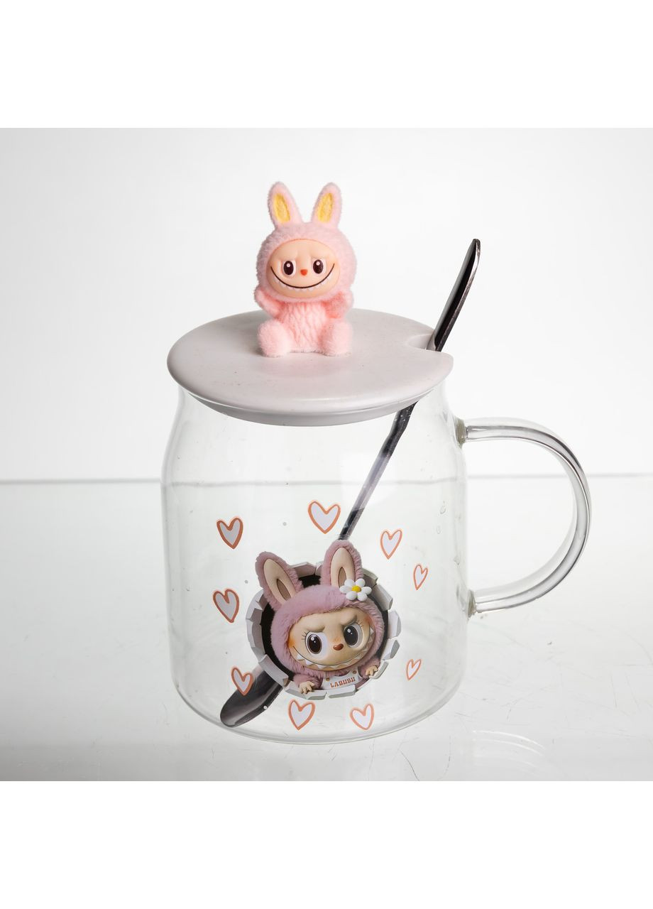 Чашка скляна Labubu 600 мл з ложкою і порцеляновою кришкою, рожевий FM-56B (A-047550) Yiwu (370381829)