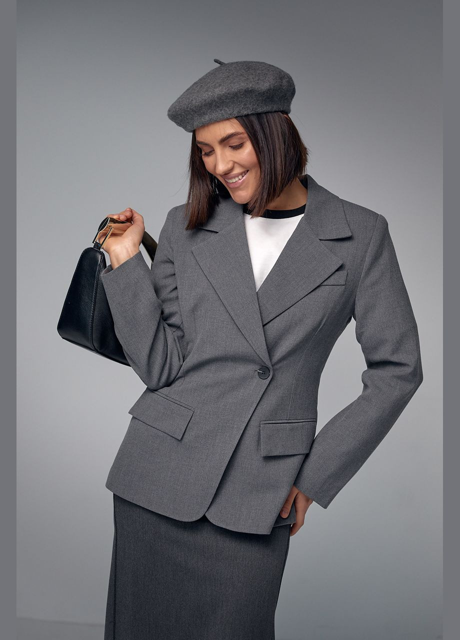 Серый женский женский однобортный пиджак приталенного кроя 11017 Lurex однотонный - демисезонный