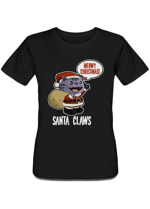 Черная летняя женская новогодняя футболка meowy christmas! santa claws (чёрная) Fat Cat