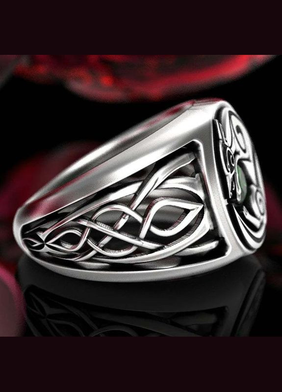 Стильное кольцо в виде волка лежащего на зеленом камне Кельтский перстень с волком Сила Свободы р 17.5 Fashion Jewelry (285272348)