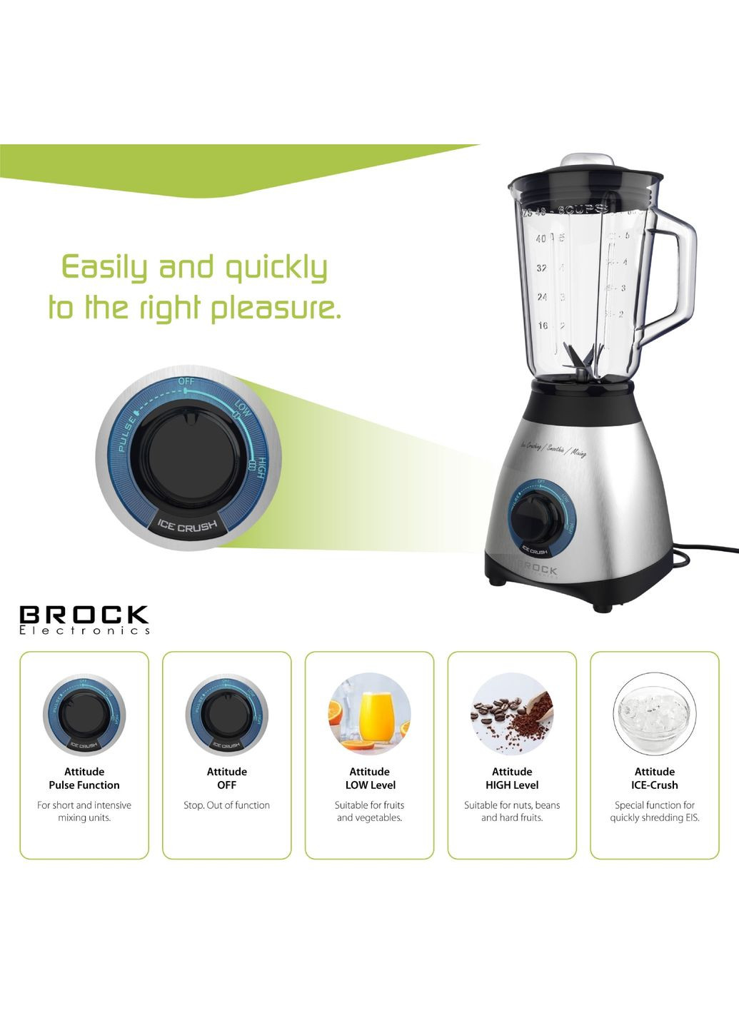 Блендер BL 1502 SS стационарный 500Вт/ стеклянная чаша 1,5л/ PULSE/ 2 быстр./дробление льда/металл BROCK (314748563)
