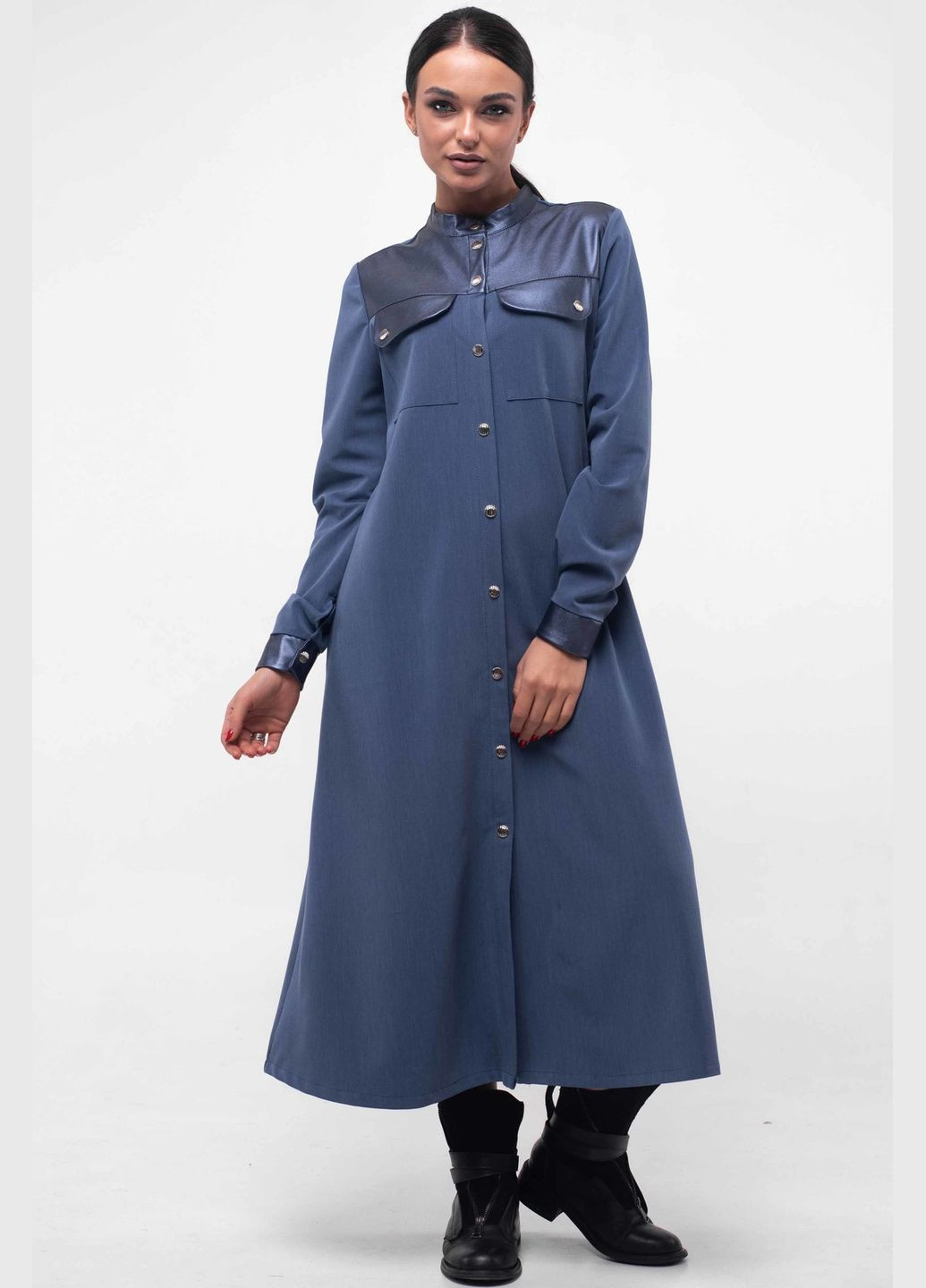 Синее повседневный платье полуприлегающего силуэта длиной меди с верхней экокожаной деталью (вл 5.1-77/19) RiMari