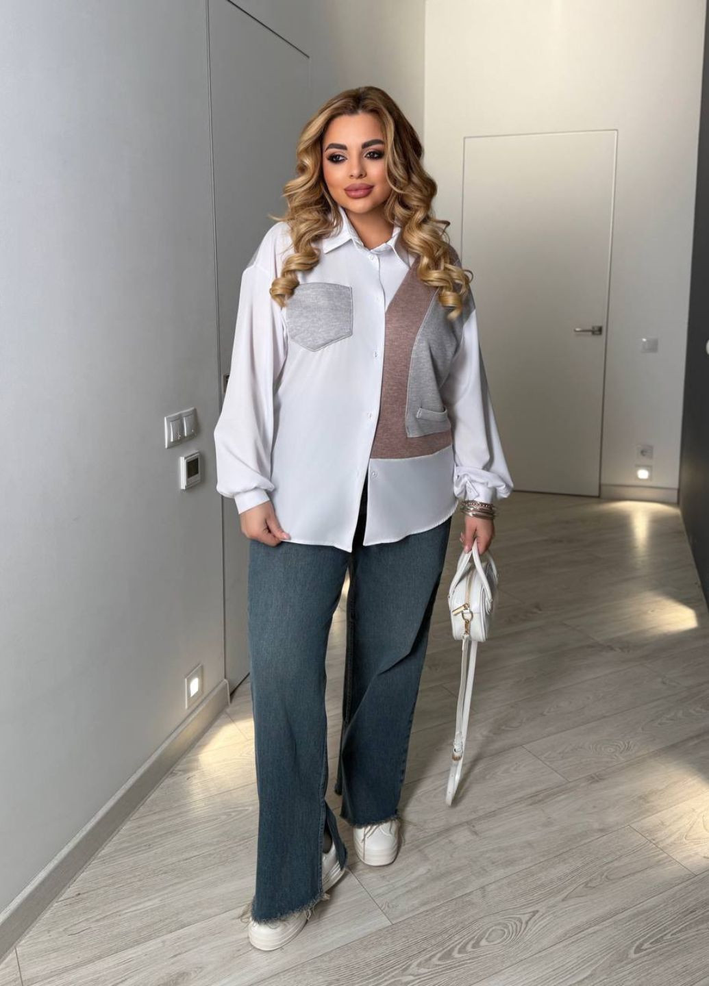 Серо-бежевая кэжуал рубашка колор блок Україна с длинным рукавом