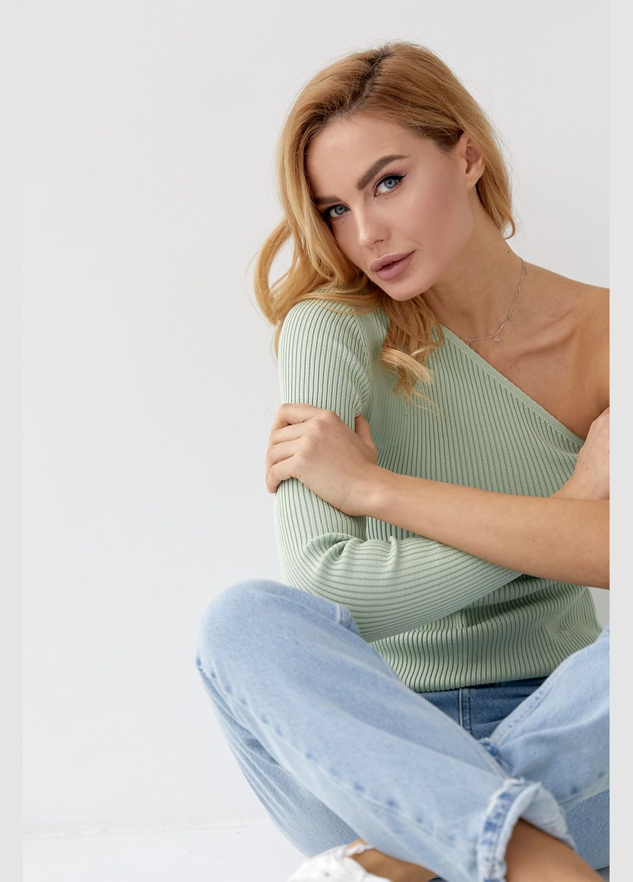 Топ в рубчик с рукавом на одно плечо - мятный Lurex (314901867)