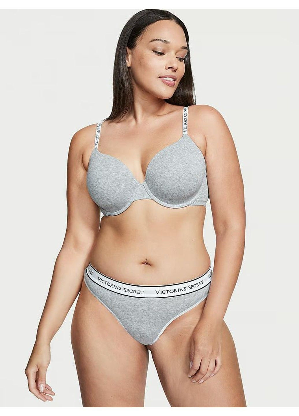 Трусики-стринги женские хлопковые Logo Cotton Thong Panty серые S Victoria's Secret (316659209)