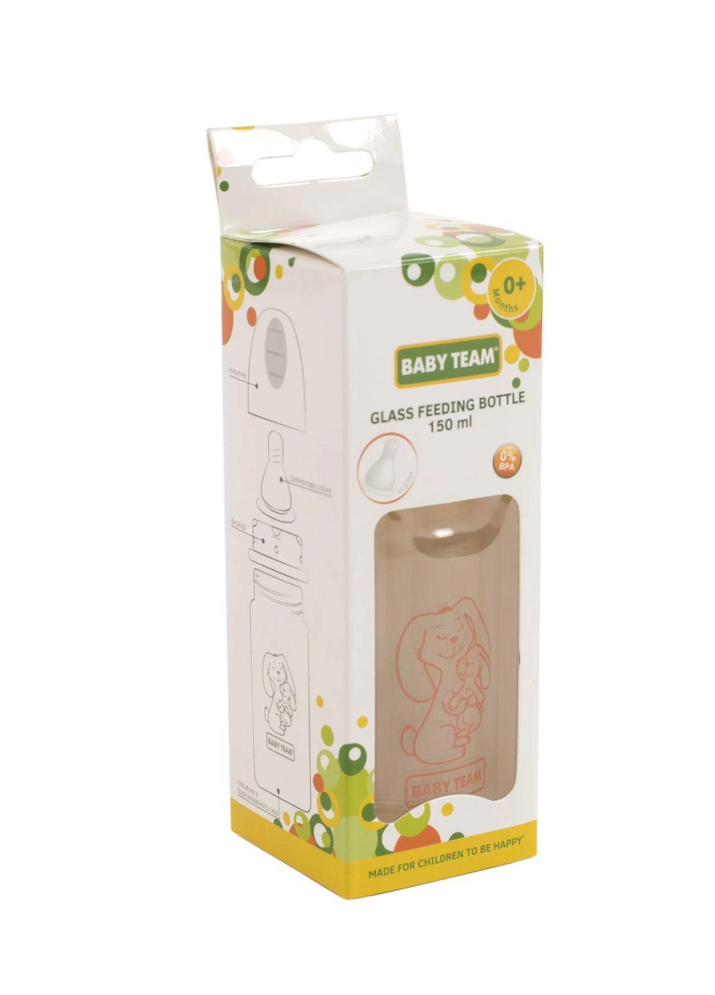 Пляшечка для годування, скляна, 150 мл, жовтий (1210_зайчик) Baby Team 1210 (328310114)