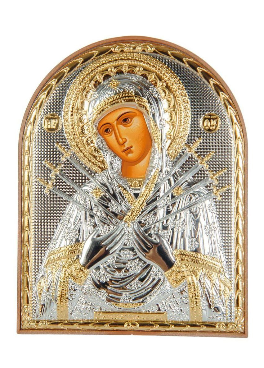 Серебряная икона Семистрельная Божья Матерь 4х5,6см арочной формы в пластиковом киоте Silver Axion (266266138)